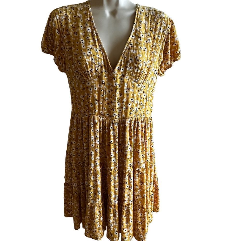 J. Gee ~ Mustard Yellow floral babydoll vneck dress ~ fully lined ~ size PL
